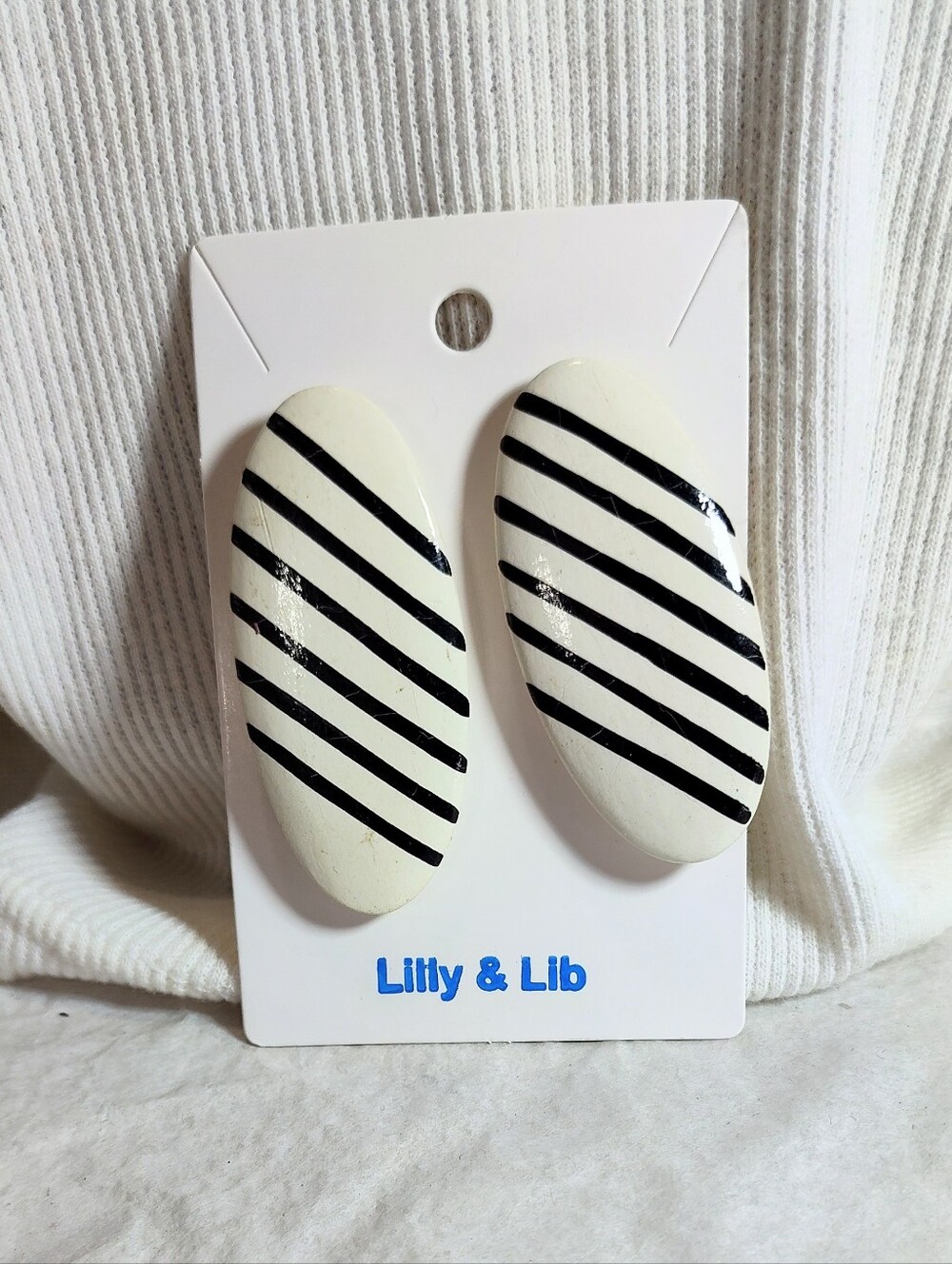 Fashion Jewelry Lilly & Lib White and Black Striped Oval Earrings